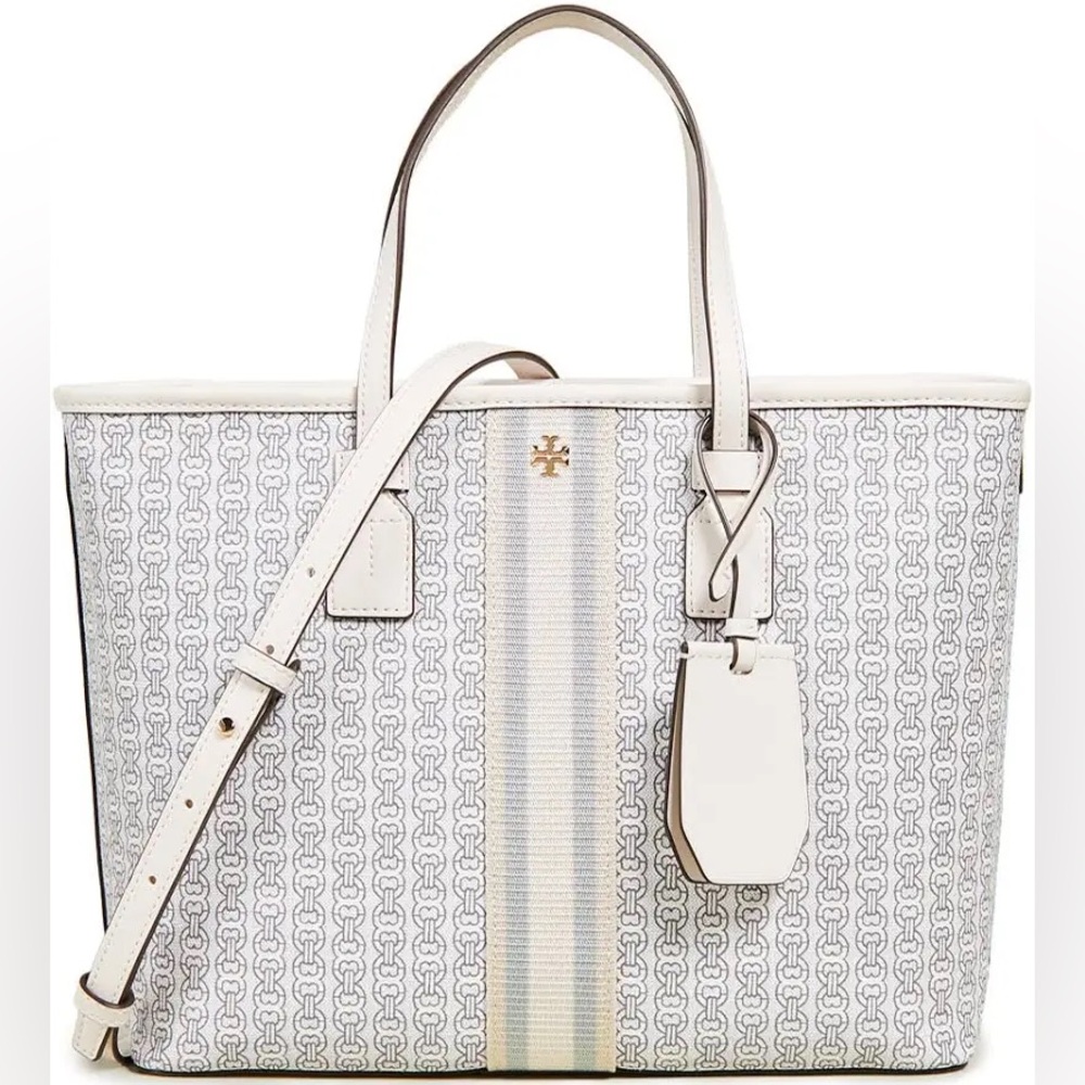 Tory Burch White Gemini Link -Print Tote Bag with Striped Center